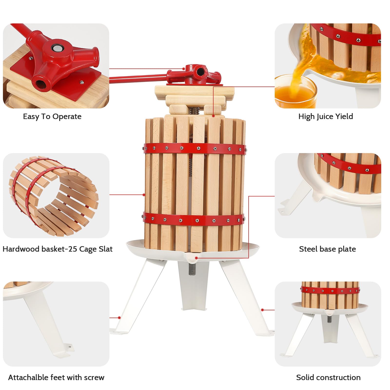 1.6 Gallon Manual Fruit Wine Press - Wood & Steel Construction with Stable Triangular Frame - DIY Wine Making Kit for Home, Kitchen, Outdoor Use - Includes T-Handle for Easy Pressing - Perfect for Apple Cider, Grape Wine & Juice Extraction