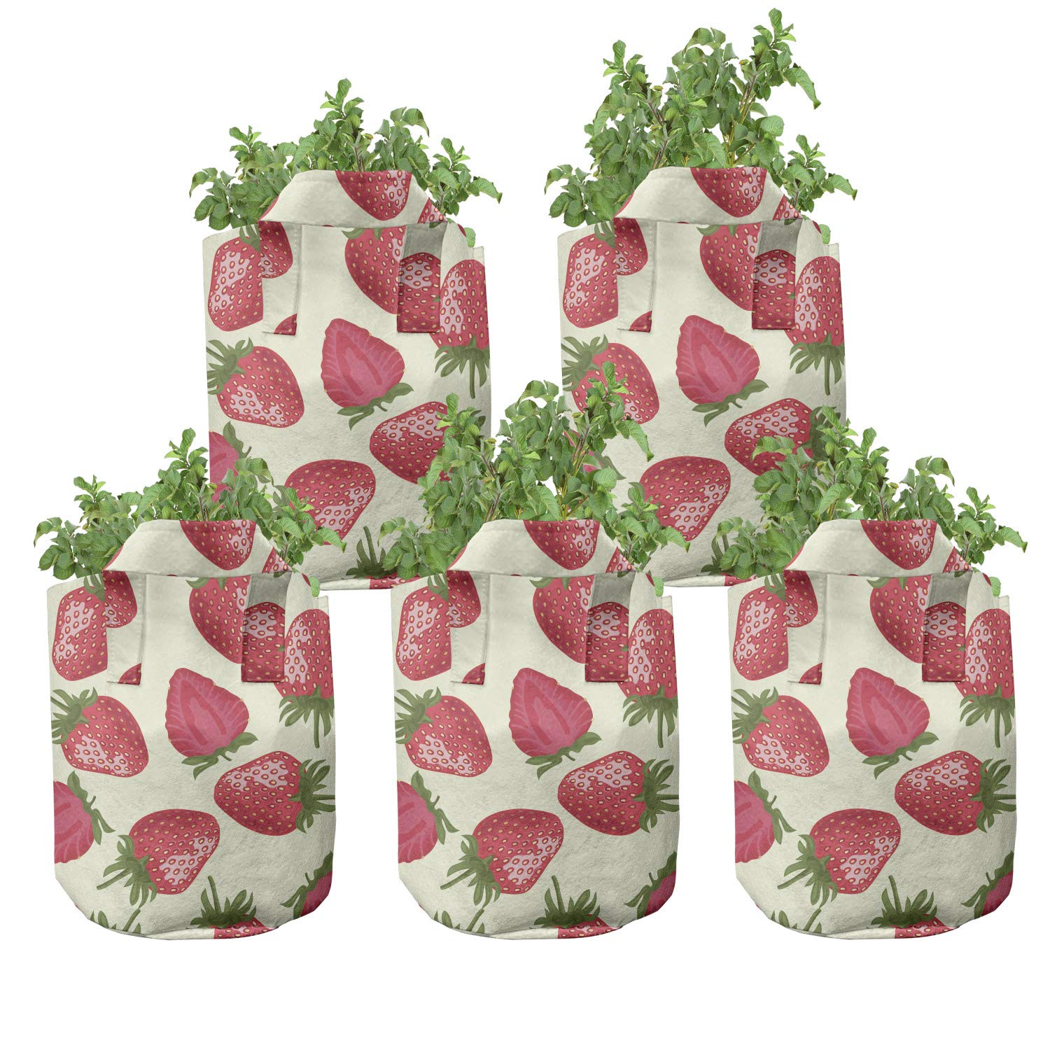 Ambesonne 5-Pack Heavy Duty Fabric Grow Bags with Handles - Strawberry Print Plant Pots for Fruits & Vegetables, Olive Green & Eggshell Red - Perfect for Indoor Gardening, Balcony Planting & Urban Farming