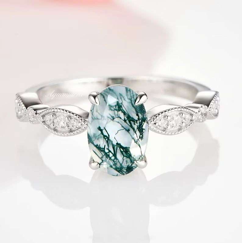 Kylie Art Deco Green Moss Agate Ring - Sterling Silver Jewelry for Women, Vintage Style Statement Ring for Parties & Special Occasions