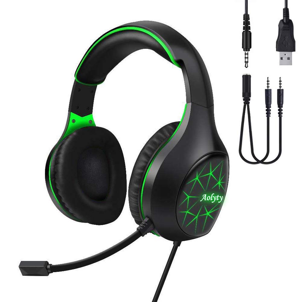 Aolyty Pro Gaming Headset 7.1 Stereo Surround Sound with LED Lights & Noise Cancelling Mic - Over Ear Headphones for PC, Laptop, Phone, Tablet, PS5, PS4 (Green) - Perfect for Competitive Gaming, Streaming & Online Meetings