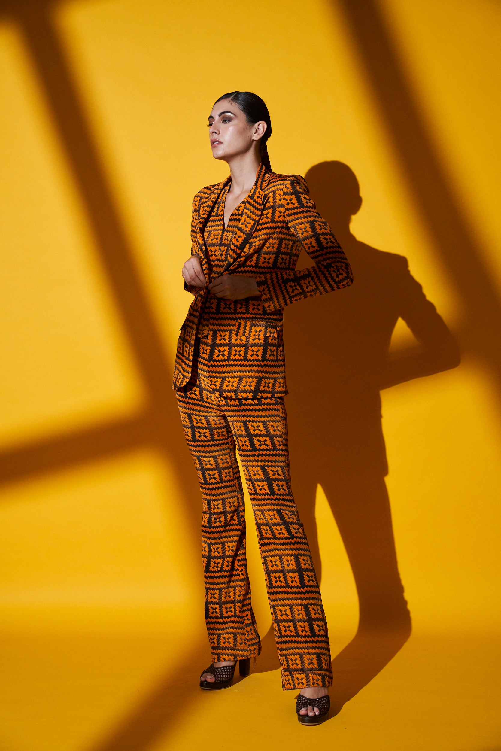 Orange Brown Basket Weave Print Pant Suit Set for Women - Elegant Office Wear & Business Attire - Perfect for Work, Meetings, and Professional Events