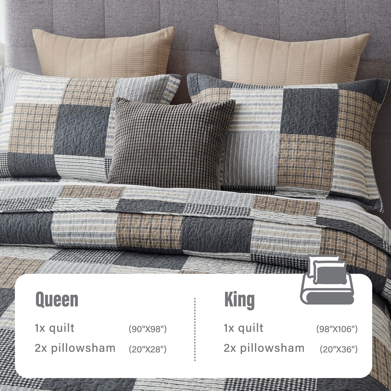 Y-PLWOMEN 100% Cotton Plaid Quilt Queen Size - Farmhouse Style Bedding Set with 2 Pillow Shams, Breathable Lightweight Comforter & Quilted Bedspread (90x98 Inches, Grey Brown) - Perfect for Cozy Farmhouse Bedrooms, Guest Rooms & Seasonal Home Decor