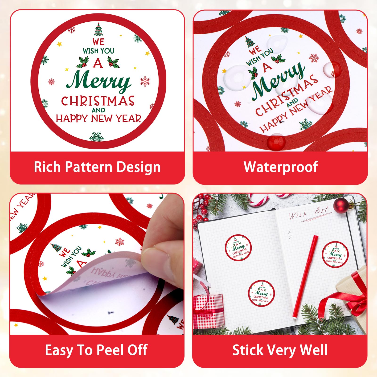 Anwyll Merry Christmas Stickers & Happy New Year Stickers - 50pcs Festive Red & White Decorative Labels for Gift Wrapping, Packaging Boxes & Bags - Perfect for Holiday Cards, Presents & DIY Crafts