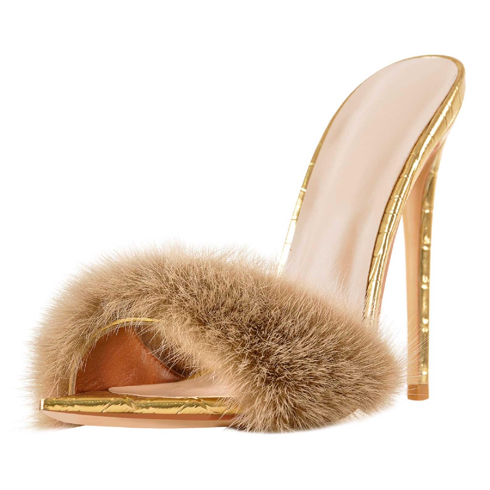 Richealnana Women's Fuzzy Fur Mules Slip-On High Heel Sandals - Comfortable House Slippers & Fashionable Lounge Shoes for Women