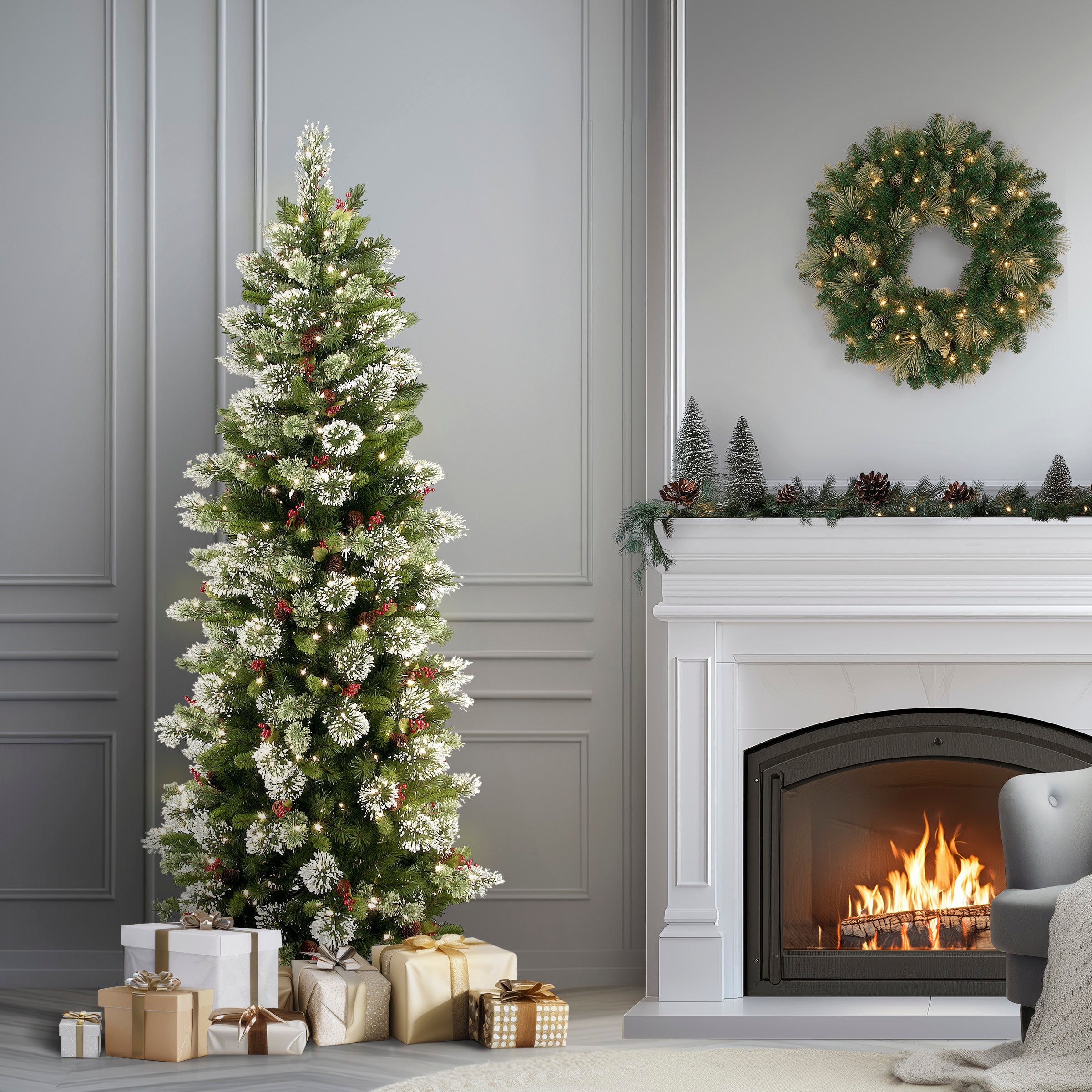 7.5 ft Pre-Lit Slim Wintry Pine Christmas Tree with 300 Clear LED Lights - Perfect for Small Spaces, Apartments & Cozy Holiday Decor