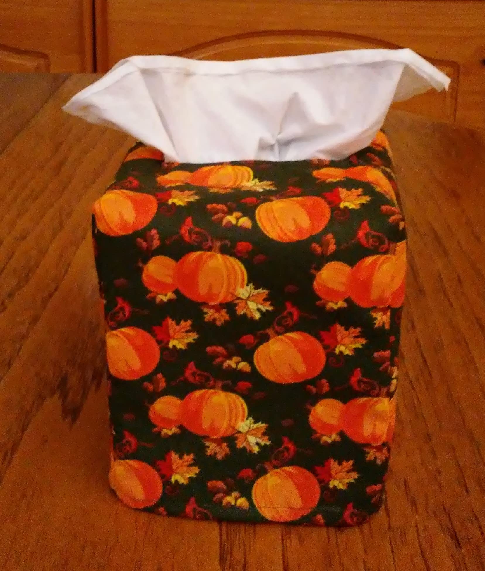 Handmade Black Fabric Tissue Box Cover with Pumpkins, Fall Leaves & Acorns Design - Square Decorative Tissue Holder for Home, Office, Thanksgiving & Autumn Decor