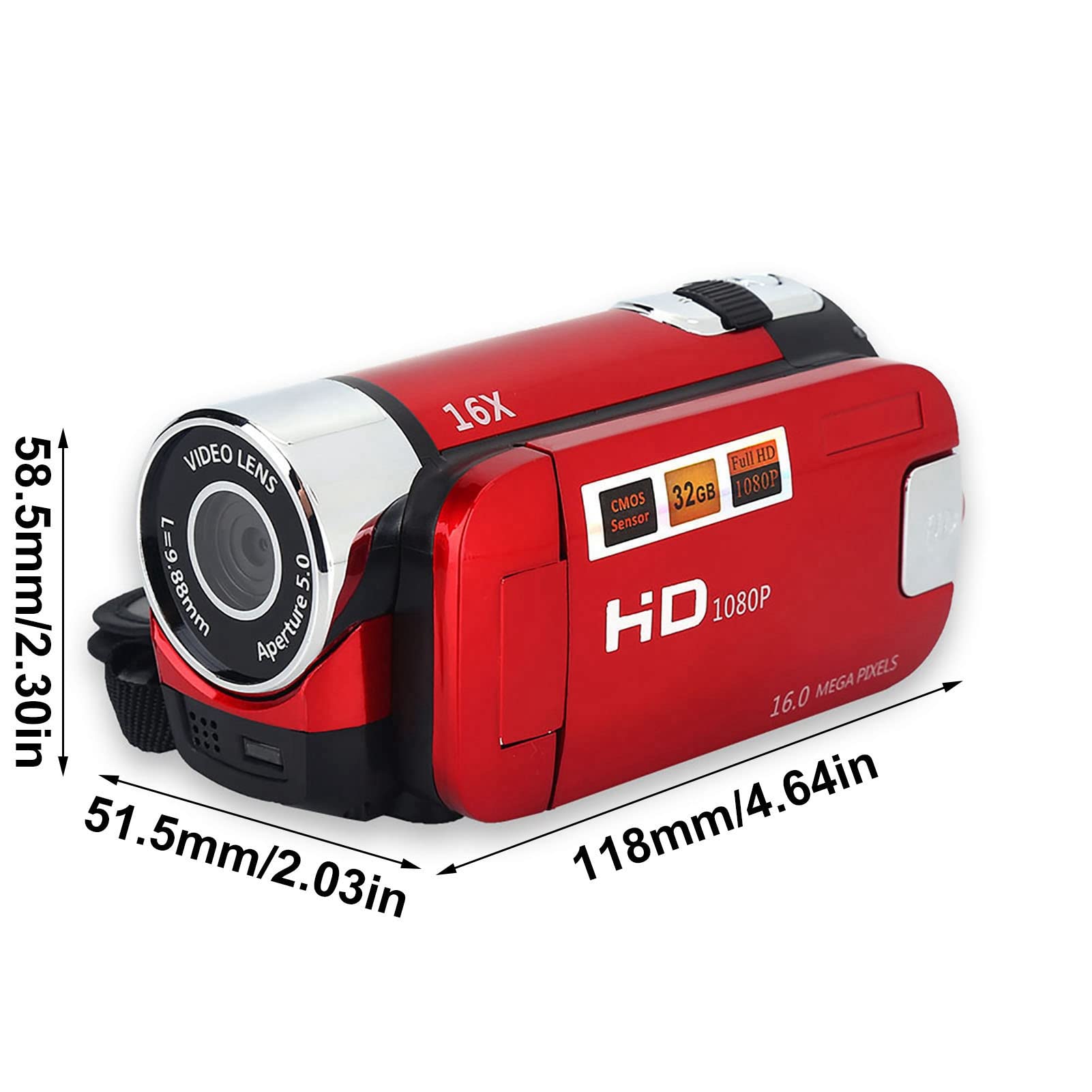 FHD Handheld Video Camcorder with 16x Digital Zoom & 270° Rotatable Screen - Portable Digital Camera with CMOS Sensor & Built-in Speaker - Perfect for Kids, Vlogging & Home Videos (Red)