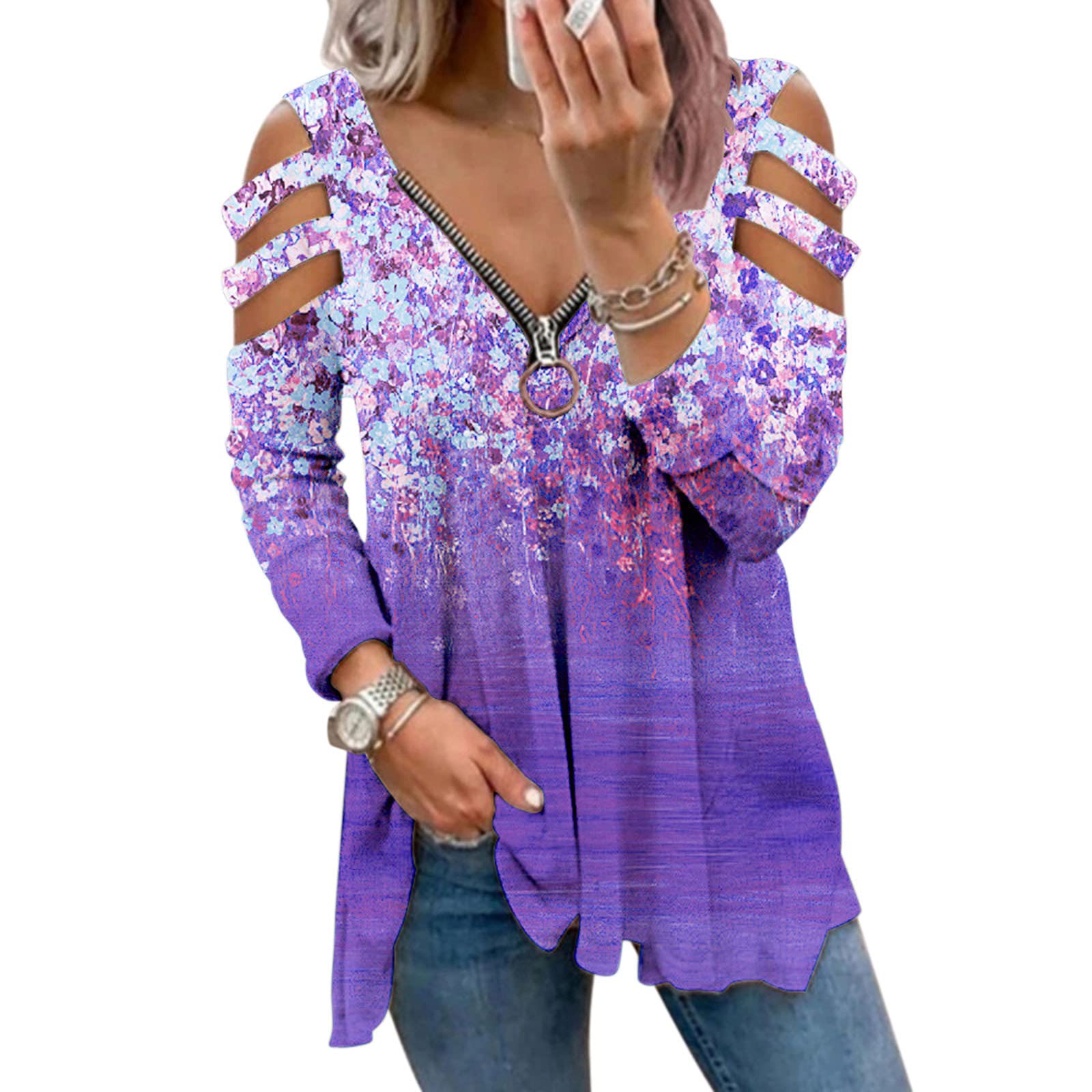 Women's Cold Shoulder Tops - Short Sleeve Zipper Tunic Shirt with Funny Print & Scoop Neck | Summer Blouse for Casual Wear, Parties & Beach Outfits
