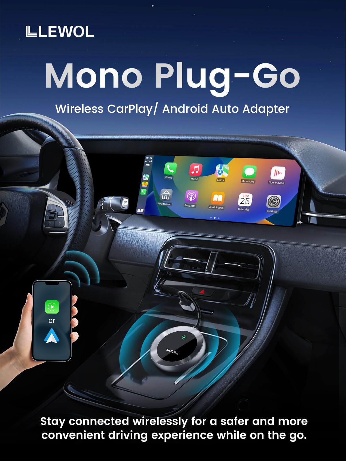 Wireless CarPlay Adapter 2024 - Fast Connection Plug-Go Dongle for Factory Wired to Wireless CarPlay & Android Auto - Compatible with Cars from 2015, iPhone 6/iOS 10+, Android 11+ - Perfect for Hands-Free Driving & Seamless Music Streaming
