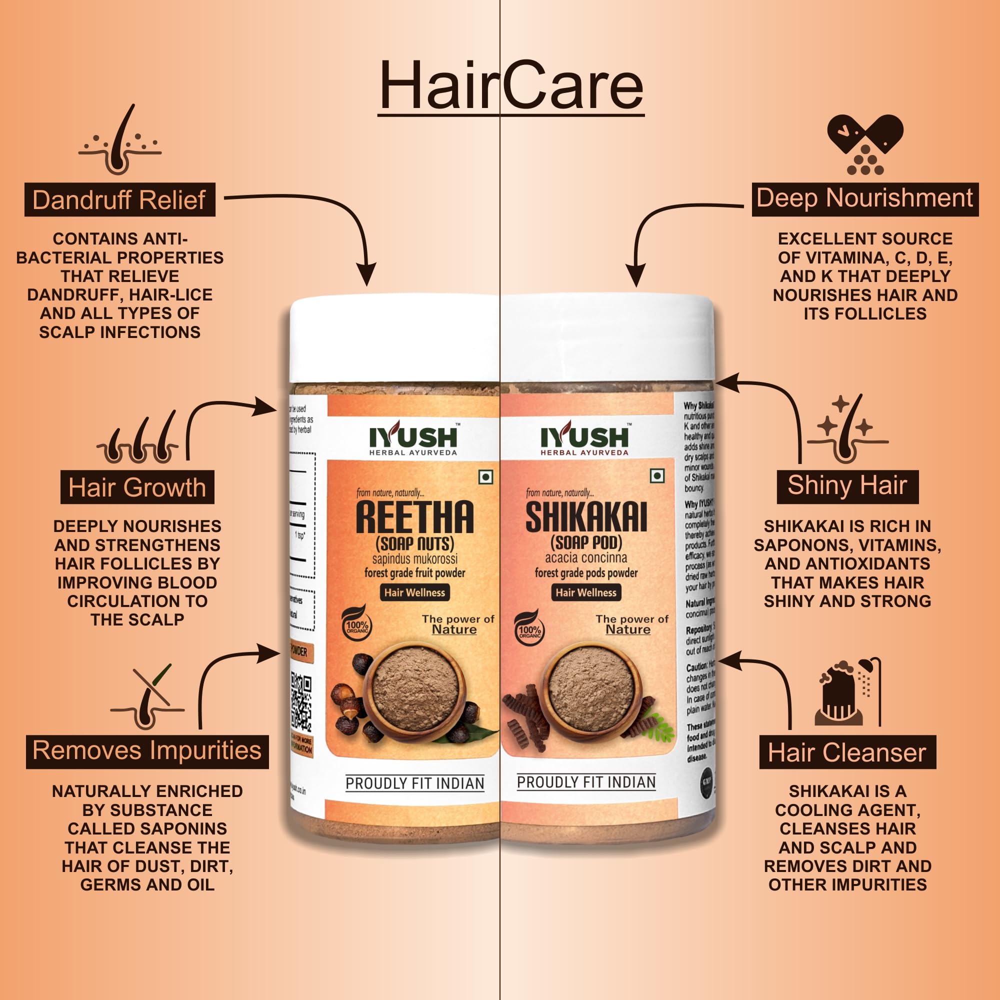 IYUSH Herbal Ayurveda Reetha Powder & Shikakai Powder for Hair Growth - 500g | Natural Hair Mask for Dry & Frizzy Hair | Volumizing Hair Powder | Herbal Hair Wash | Promotes Stronger & Healthier Hair | Perfect for DIY Hair Treatments & Scalp Care