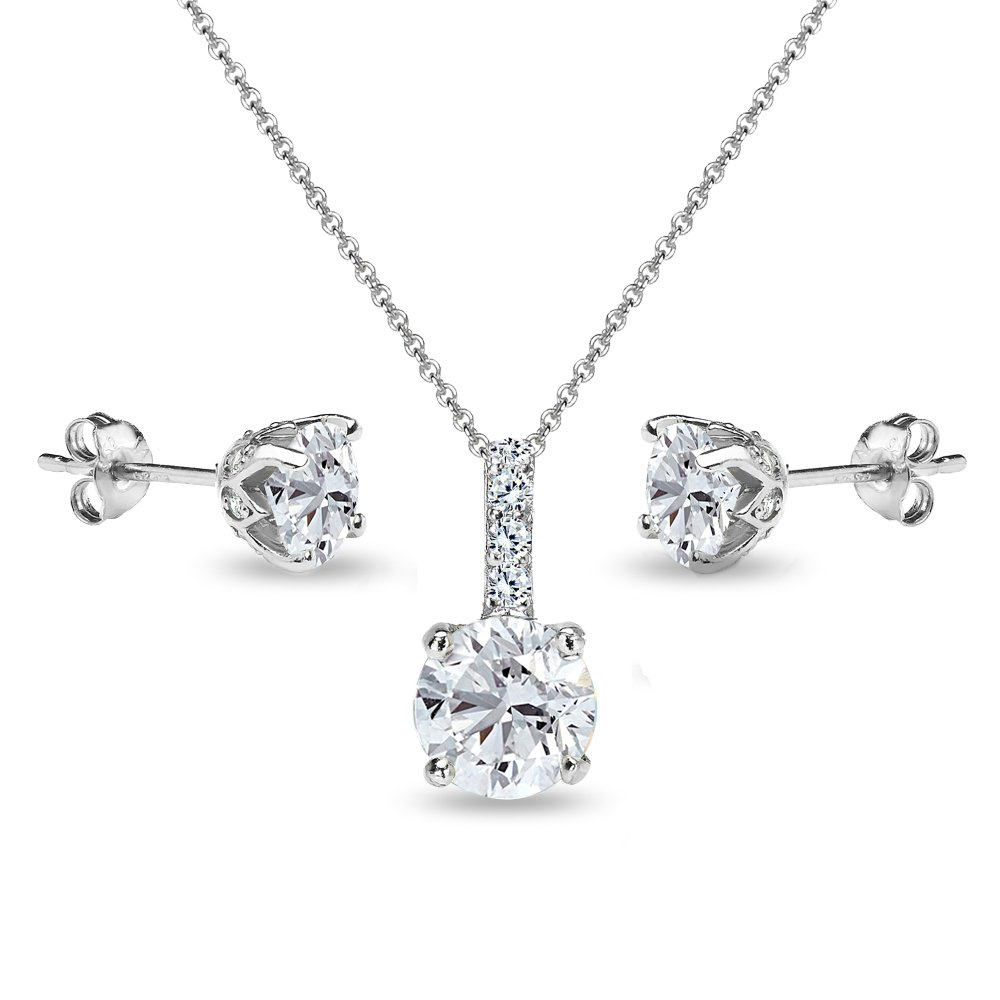 B. BRILLIANT Sterling Silver Round Crown Necklace & Stud Earrings Set with Genuine/Created/Simulated Gemstones & White Topaz - Elegant Jewelry Gift for Women, Perfect for Weddings, Parties & Special Occasions