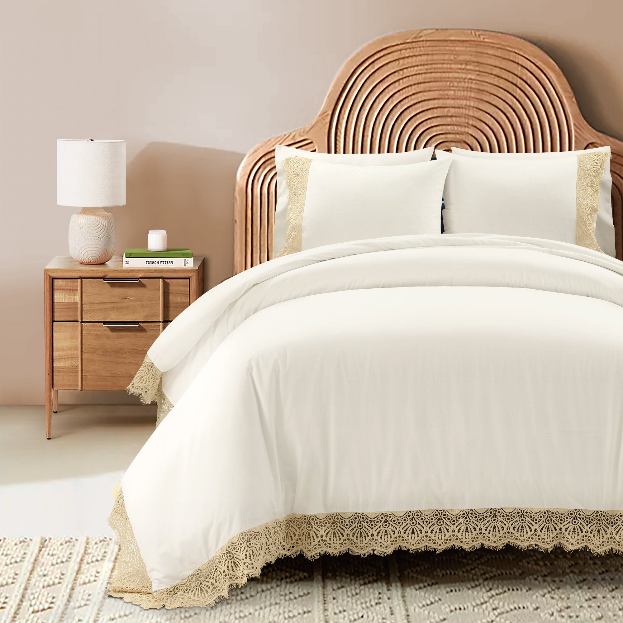 Scalloped Lace Cotton Duvet Cover Set - Queen Size 3 Piece Bedding Set with Pillowcases, Elegant Boho Chic Style for Master Bedroom Decor