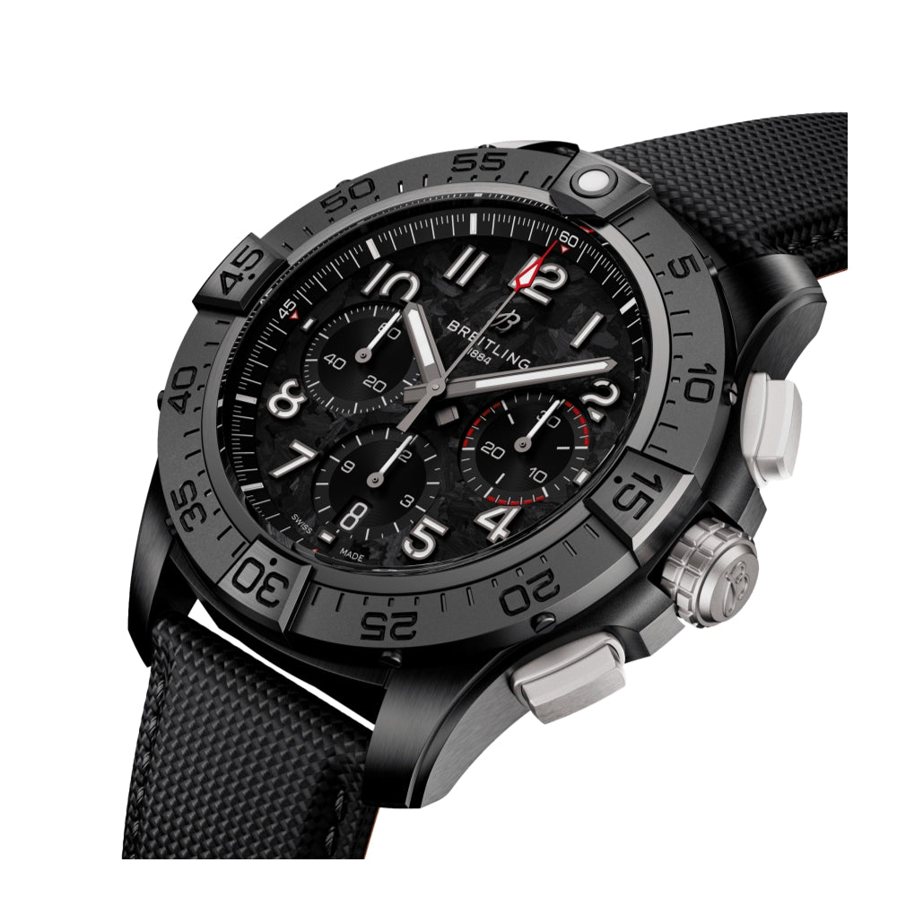 Avenger B01 Chronograph 44mm Men's Watch - Night Mission Black Leather Strap | Waterproof Pilot Watch for Aviation & Outdoor Adventures