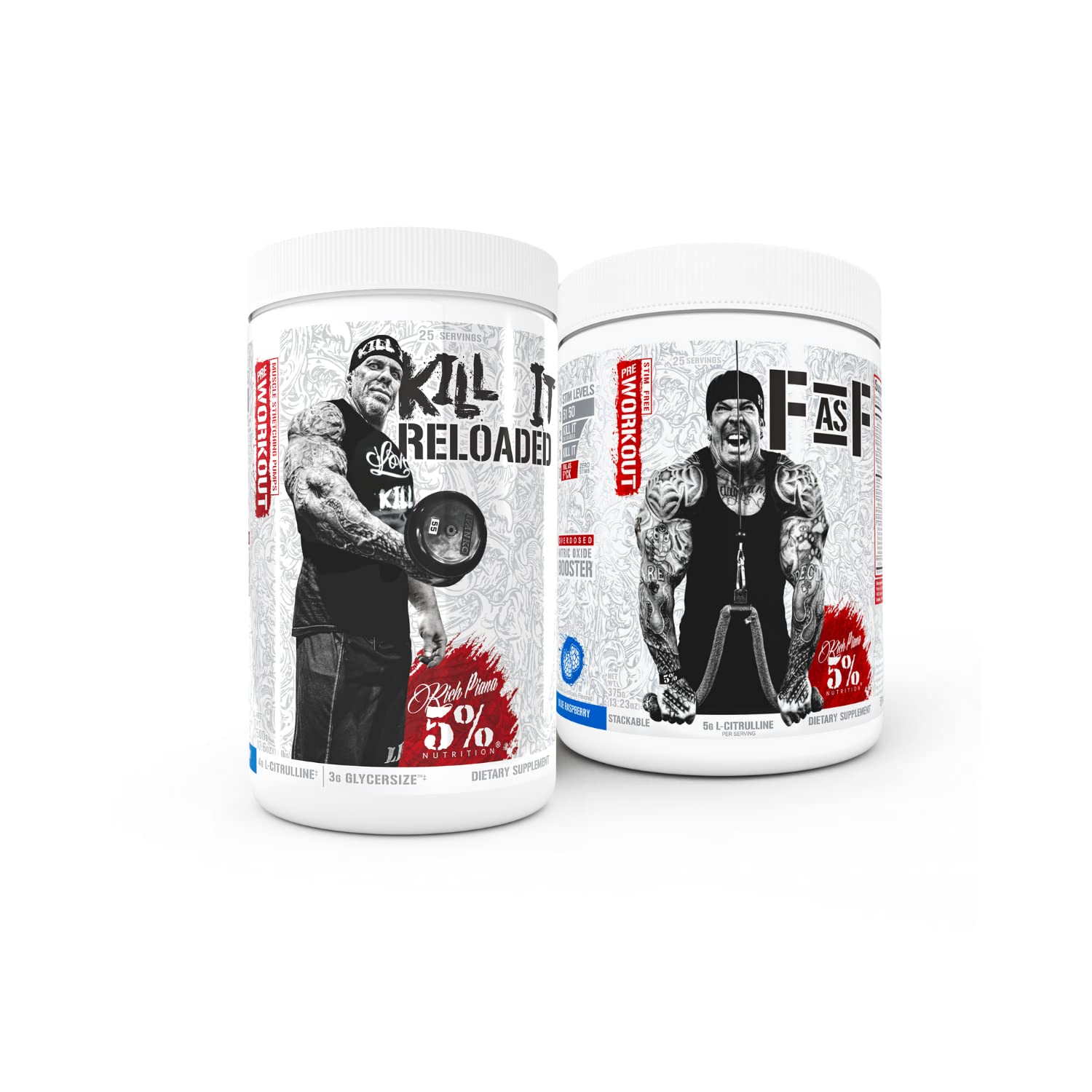 5% Nutrition Rich Piana Kill It Reloaded High-Stim Pre-Workout & Stim-Free FasF Nitric Oxide Booster Bundle - Blue Raspberry Flavor for Intense Gym Sessions & Muscle Pump Enhancement