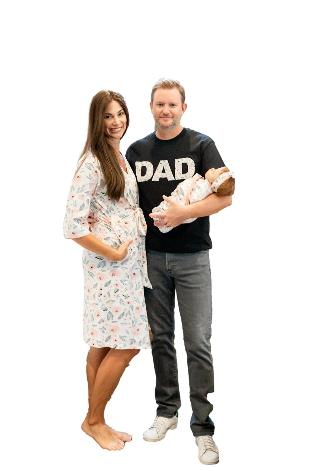 Baby Be Mine Maternity nursing robe & baby girl swaddle blanket set with daddy t-shirt - soft delivery gown for hospital birth & newborn photo shoot essentials