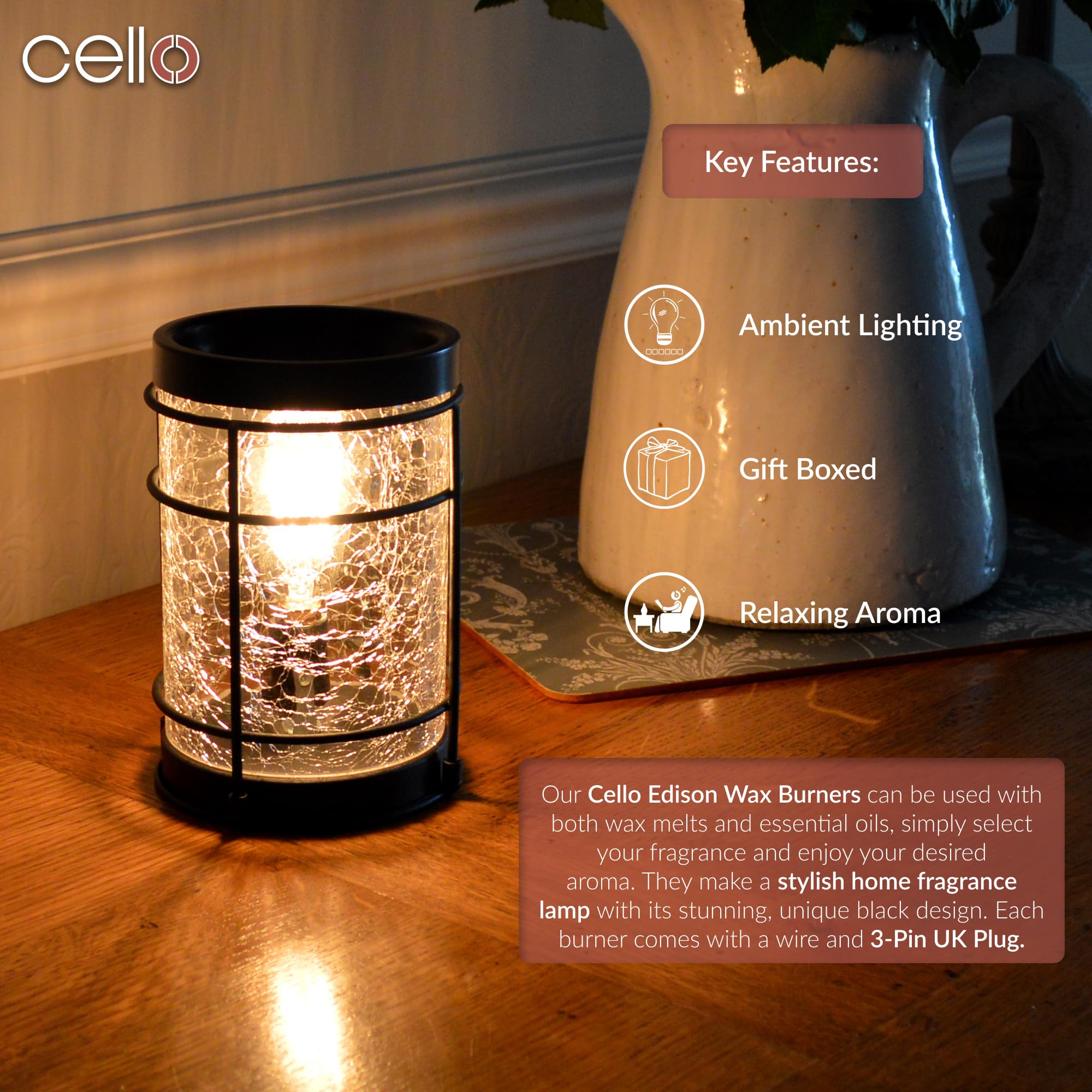 Cello Black Edison Crackle Electric Wax Warmer - Vintage Style Wax Melter for Home, Office & Spa - Aromatherapy Essential Oil Diffuser for Relaxation & Stress Relief