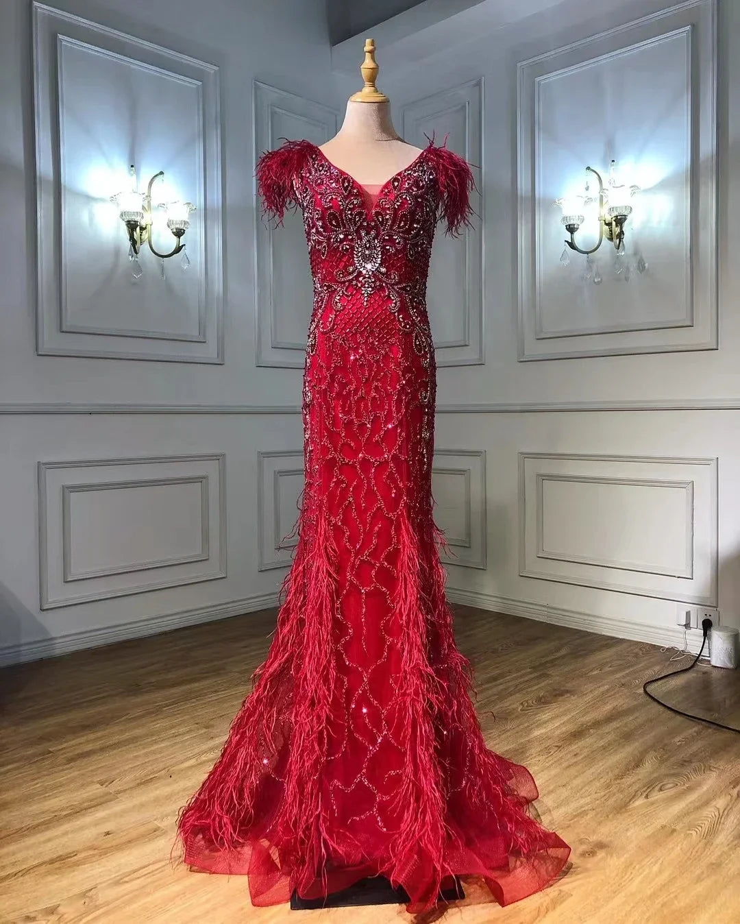 Elegant Champagne Mermaid Evening Dress with Diamond Feathers - Sleeveless Formal Beaded Gown for Women | Perfect for Prom, Wedding Guest & Black Tie Events - LA70350