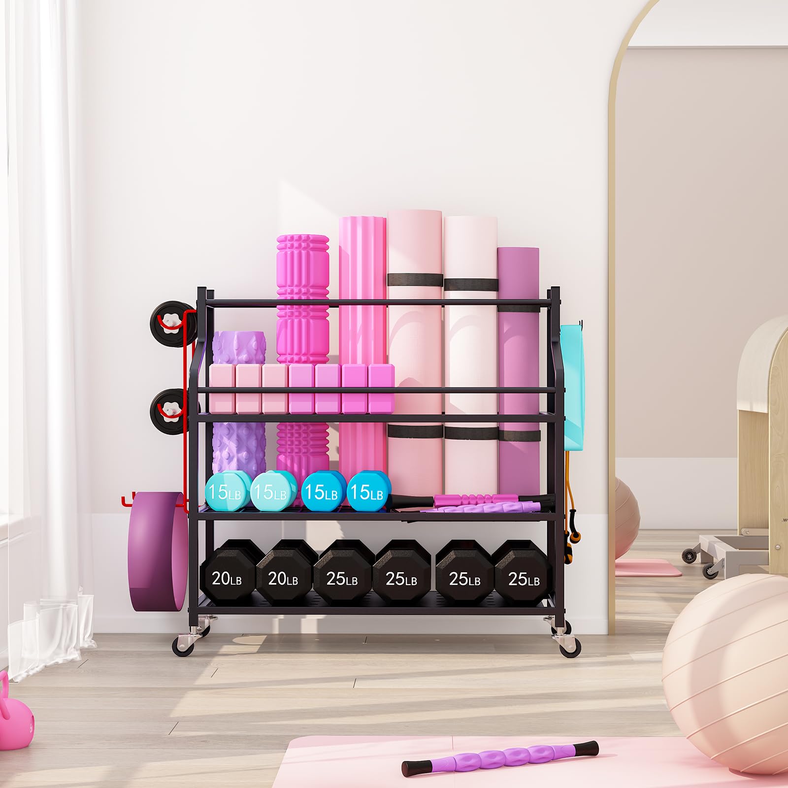 VILAWLENCE Yoga Mat Storage Rack Cart - Multifunctional Home Gym Organizer for Dumbbells, Kettlebells & Exercise Ropes - Large Capacity Removable Equipment Storage Solution for Home Workouts & Yoga Studios