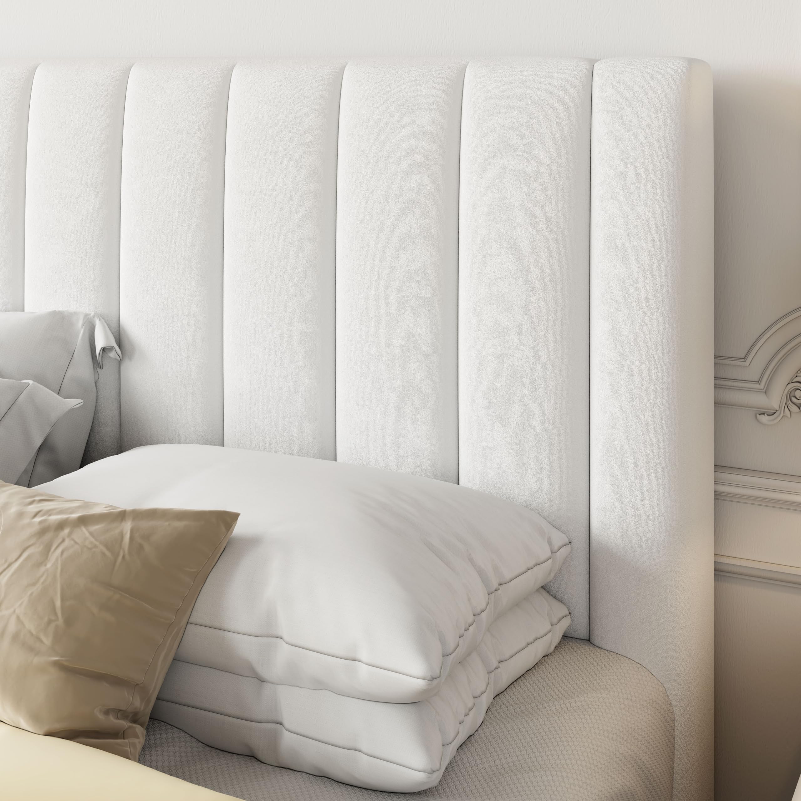 Allewie Full Size Platform Bed Frame - Velvet Upholstered with Vertical Channel Tufted Headboard, Sturdy Wooden Slats Support for Mattress Foundation (Box Spring Optional), Easy Assembly in White | Modern Bedroom Furniture for Master & Guest Rooms