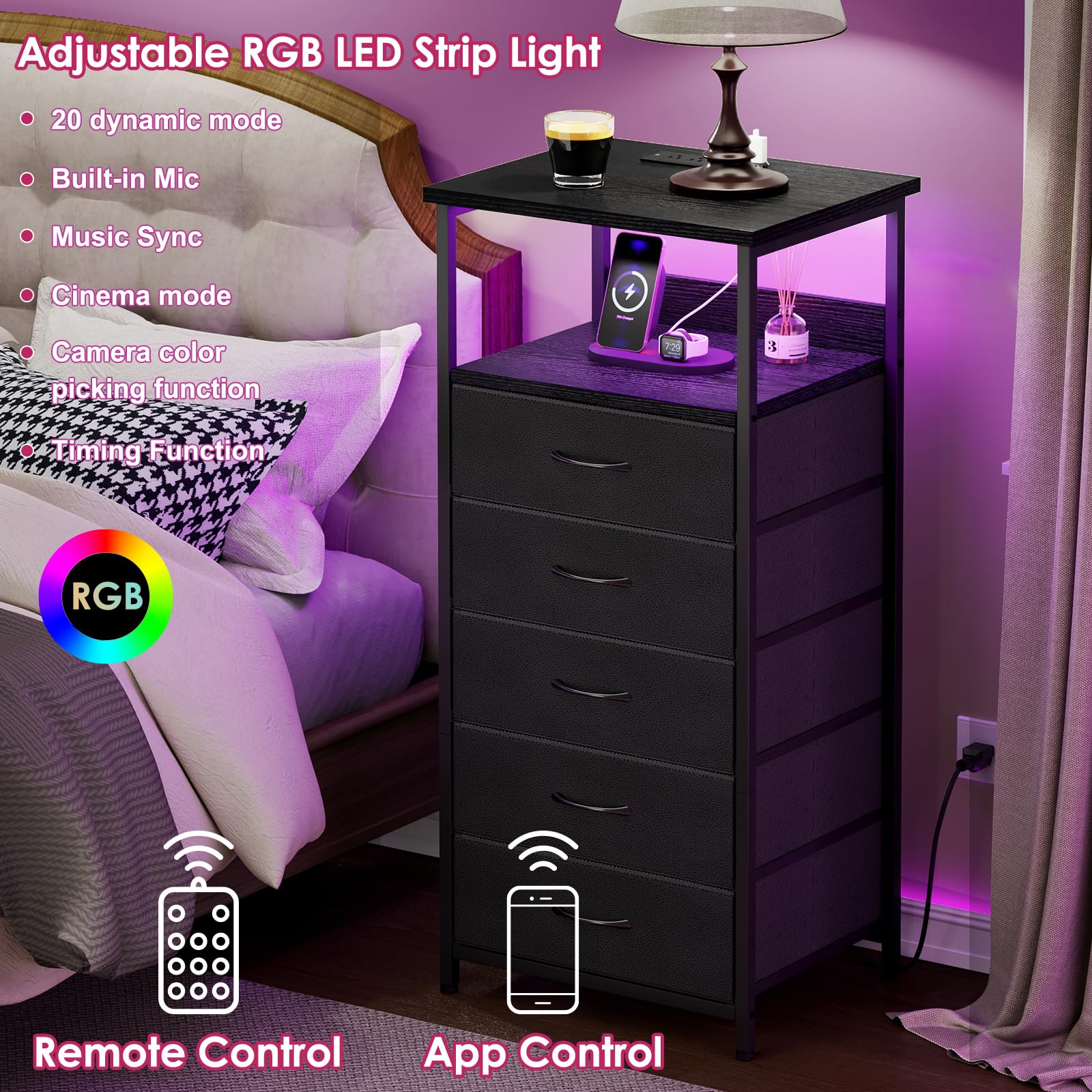 Fixwal Tall Nightstand with USB Charging Station & LED Lights - 5-Drawer Fabric Dresser with PU Finish - Modern Bedside Table for Bedroom, Living Room, or Office (Black)