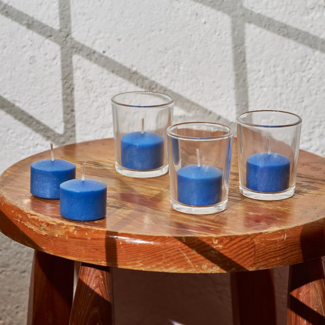 Simply Soson Bulk Votive Candles - 24 Pack Blue Unscented Candles with Glass Holders, 10 Hour Burn Time - Perfect for Weddings, Birthdays, Holidays & Home Decor - Ideal for Romantic Dinners, Spa Nights & Relaxation