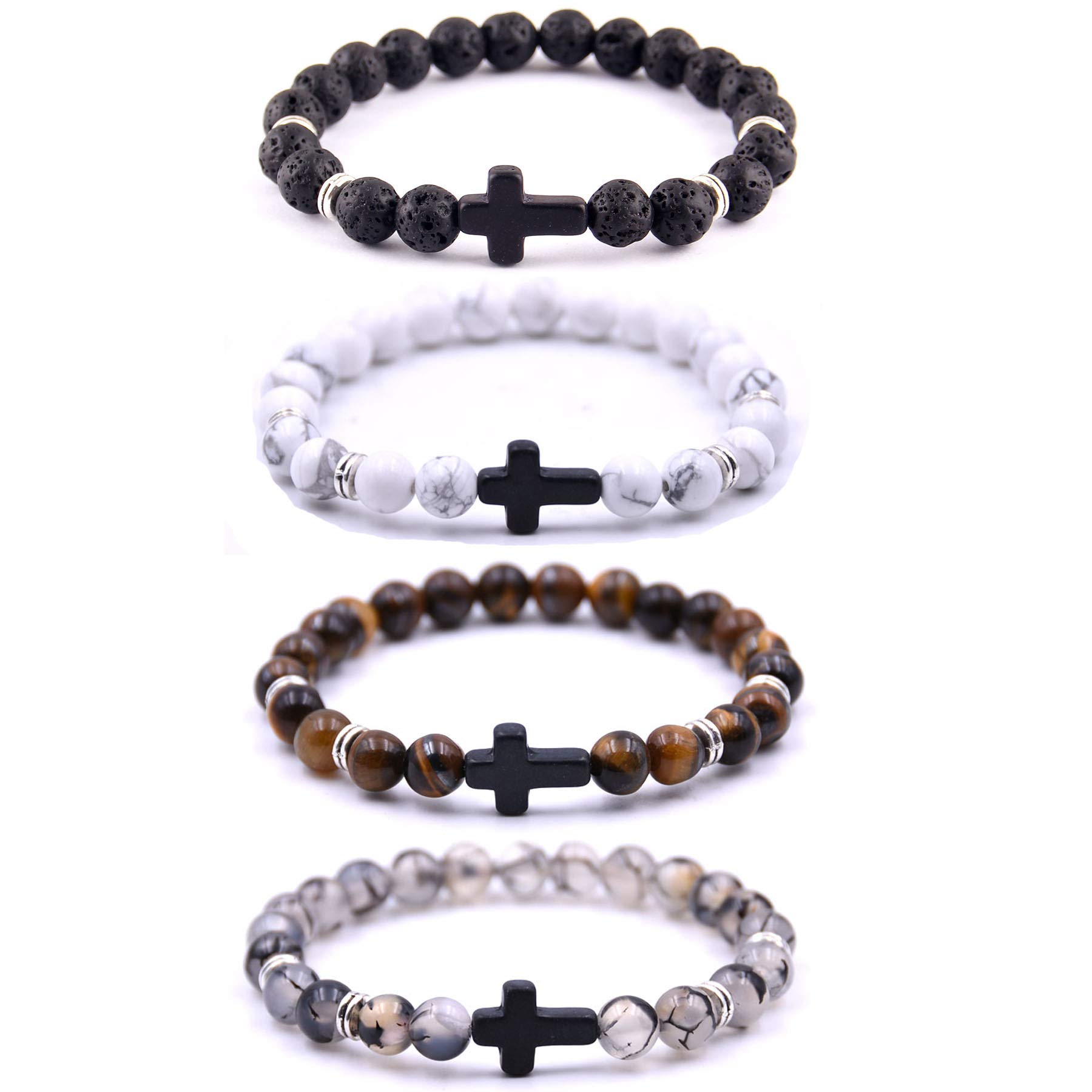 4PCS Cross Beads Bracelets for Men & Women - 8mm Healing Lava Stone Stretch Bracelets with Adjustable Fit (7.5