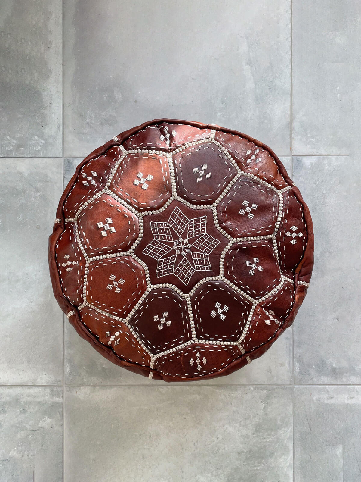 Handmade Moroccan Leather Tile Pouffe Ottoman - Chestnut Brown - Boho Chic Home Decor for Living Room, Bedroom & Lounge