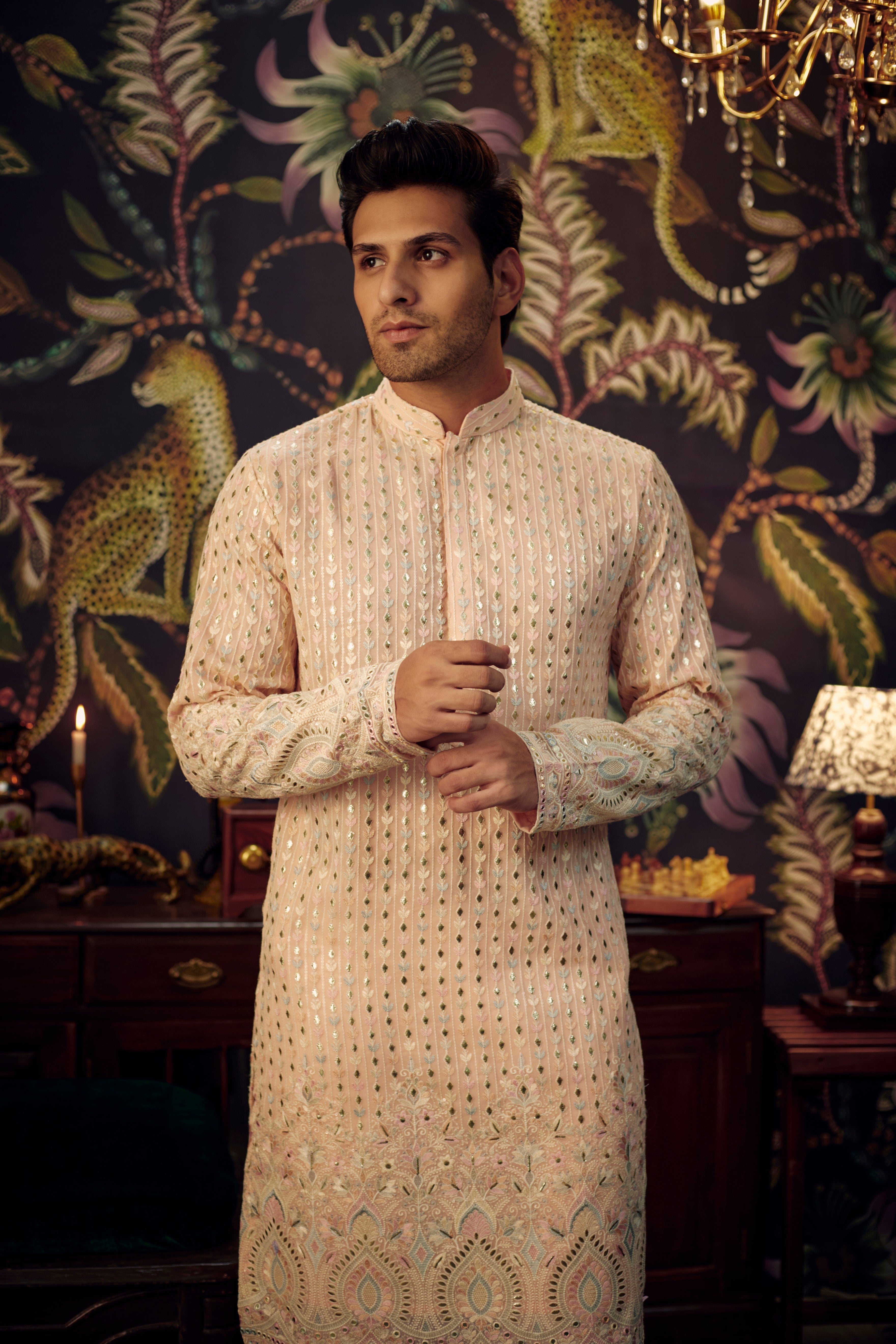 Elegant Powder Pink Chikankari Kurta with Intricate Multi-Thread Embroidery & Detailed Ghera - Perfect for Festivals, Weddings & Ethnic Occasions