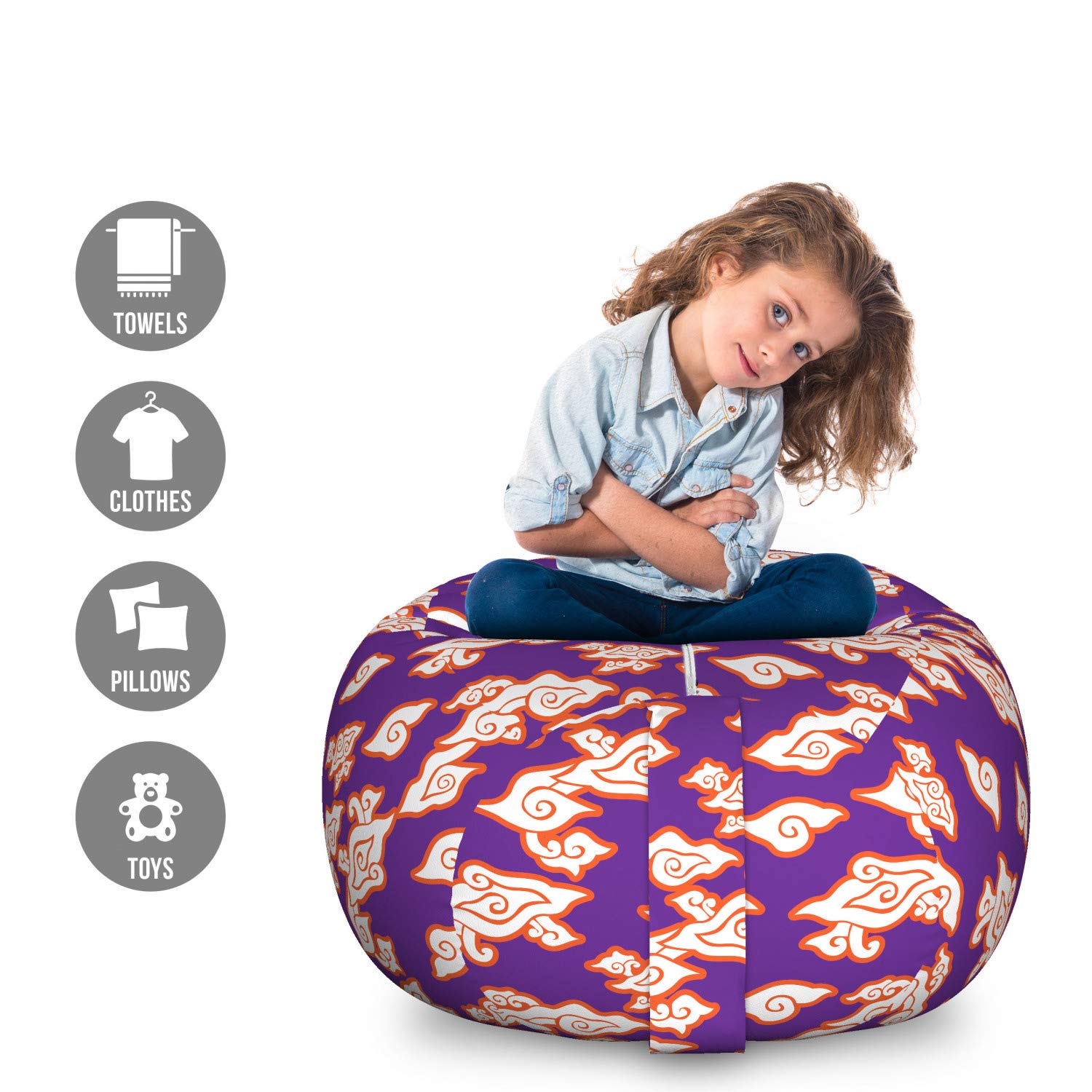 Ambesonne Large Toy Storage Bag Chair - Bohemian Batik Design with Abstract Swirls, Washable Stuffed Animal Organizer for Kids Room, Living Room & Nursery (Vermilion Purple) - Perfect for Playroom Organization & Home Decor