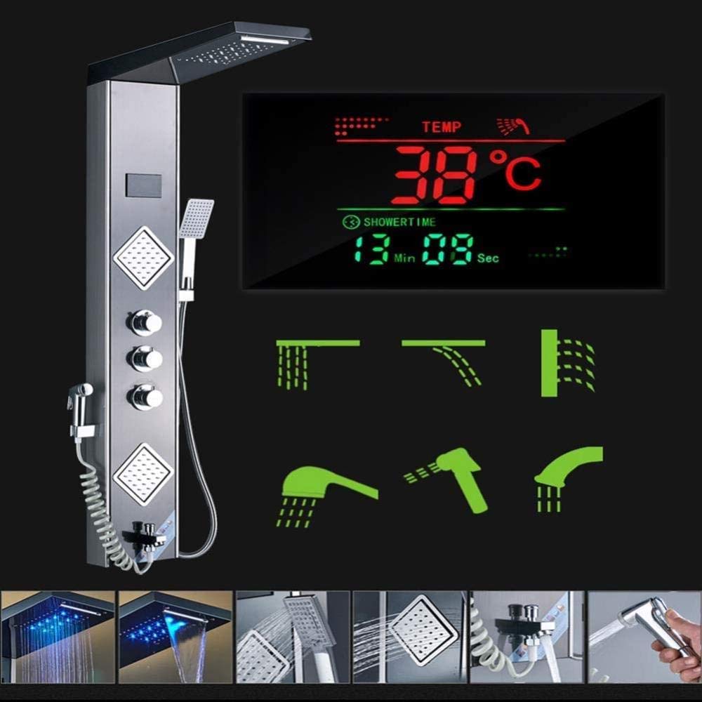 6-Function Stainless Steel LED Shower Panel with Temperature Display - Rain Shower, Massage Jets, Bidet Spray & Handheld Shower for Modern Bathroom Renovation | Spa-Like Experience for Relaxation & Luxury Bathing