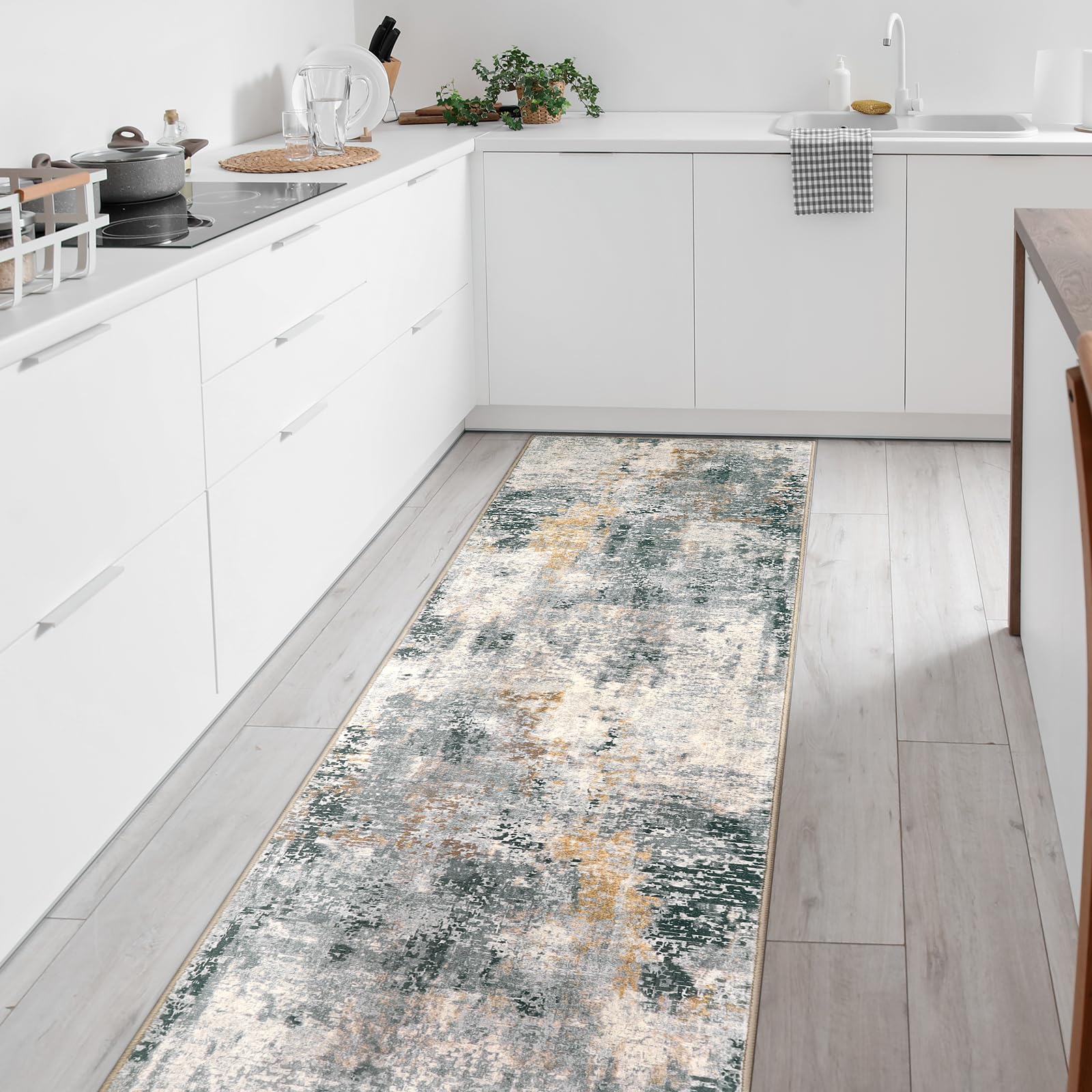 Modern Abstract Runner Rug 2x8 Gray - Non-Slip Washable Hallway Carpet for Kitchen, Entryway, Bedroom & Bathroom | Soft Low-Pile Indoor Rug for High Traffic Areas & Home Decor