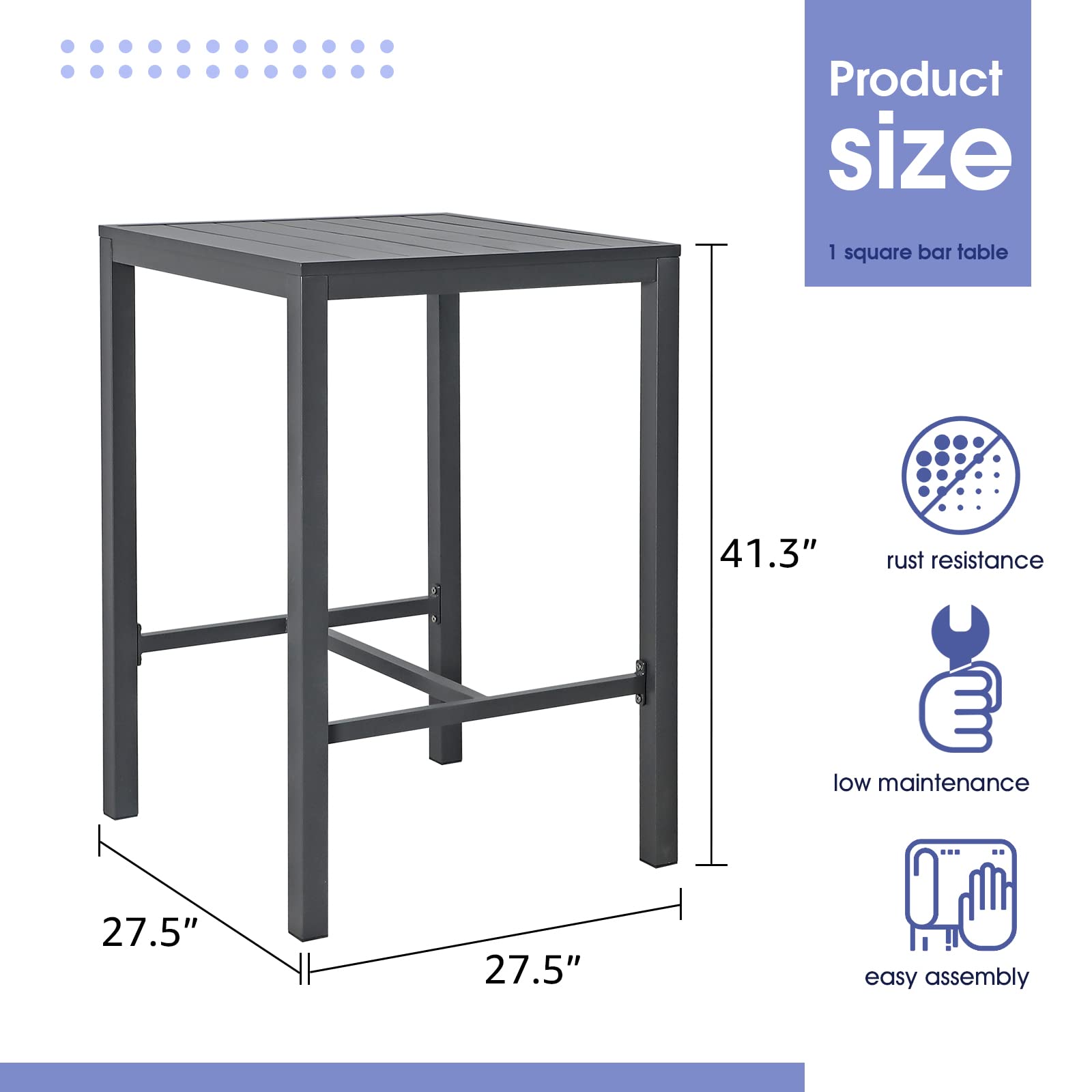 All-Aluminum High Top Bar Table - Square Pub Table for Indoor & Outdoor Use | Easy Assembly & Low Maintenance | Dark Grey | Perfect for Patio, Deck, Garden & Restaurant Settings