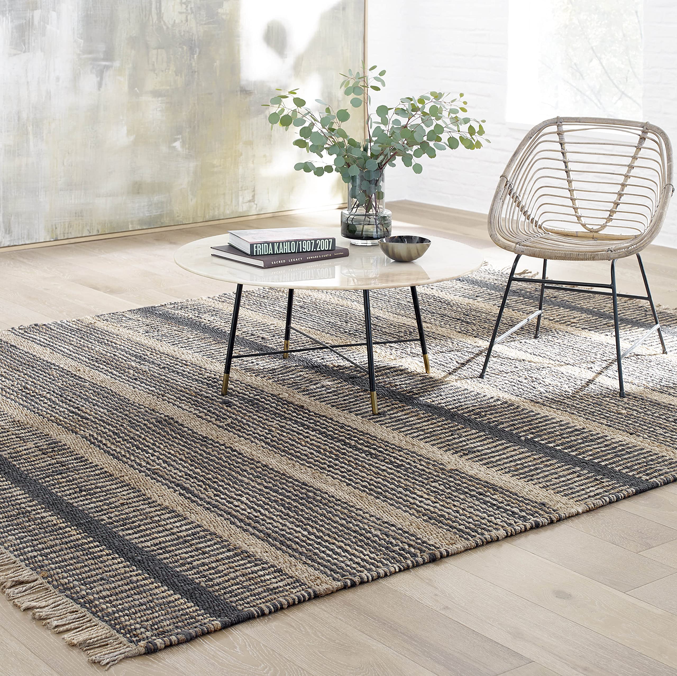 Fab Habitat Striped Area Rug - Glacier Charcoal - Handwoven Natural Jute Rug, Soft Underfoot - 8x10 ft - Eco-Friendly Home Decor for Bedroom, Living Room & Dining Room - Perfect for Cozy Spaces and Modern Interiors