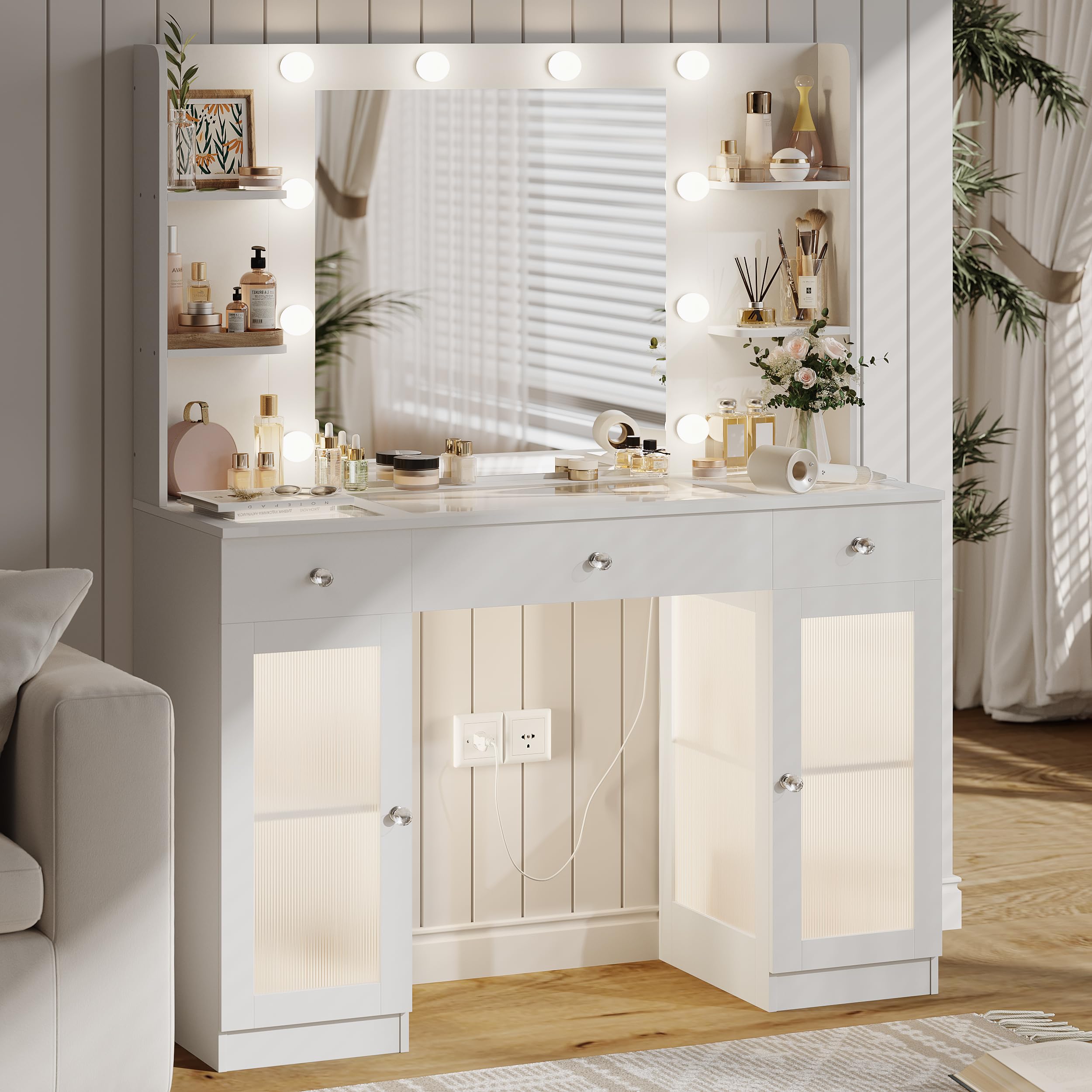 White Vanity Desk with Mirror & Lights - Makeup Vanity with Glass Top & Drawers for Bedroom, Perfect for Women & Girls