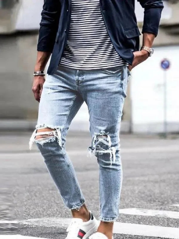 Men's Distressed Pencil Jeans - Slim Fit Ripped Denim Pants for Casual Wear & Street Style Outfits