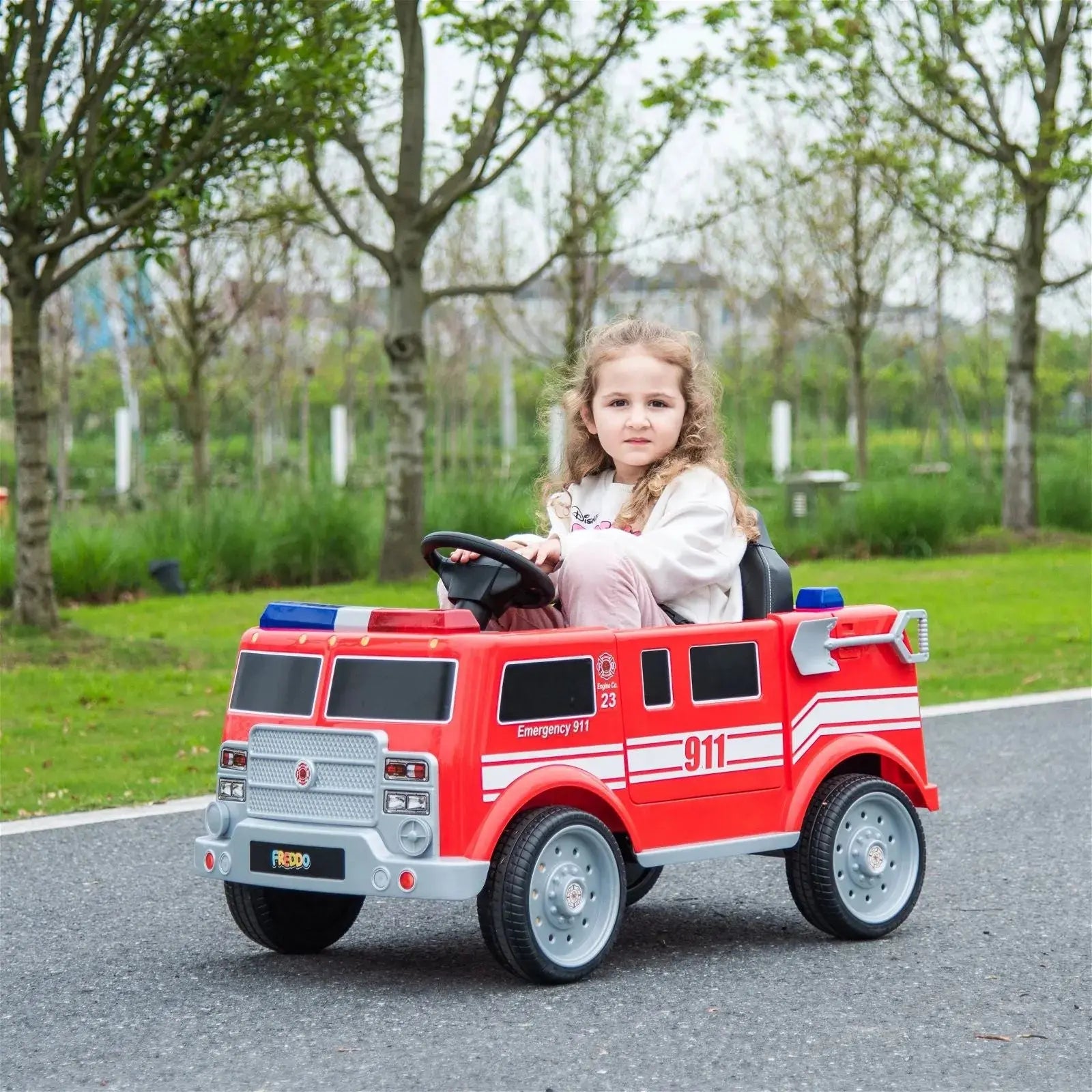 12V Fire Truck Ride-On Toy for Kids with Lights, Sounds & Parent Remote Control – 1 Seater Electric Car for Indoor & Outdoor Play – Freddo Toys
