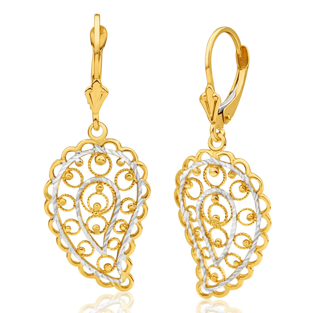 9ct Yellow Gold & White Gold Drop Earrings with Filigree Leaf Design - Elegant Dangle Earrings for Women, Perfect for Weddings, Parties & Special Occasions