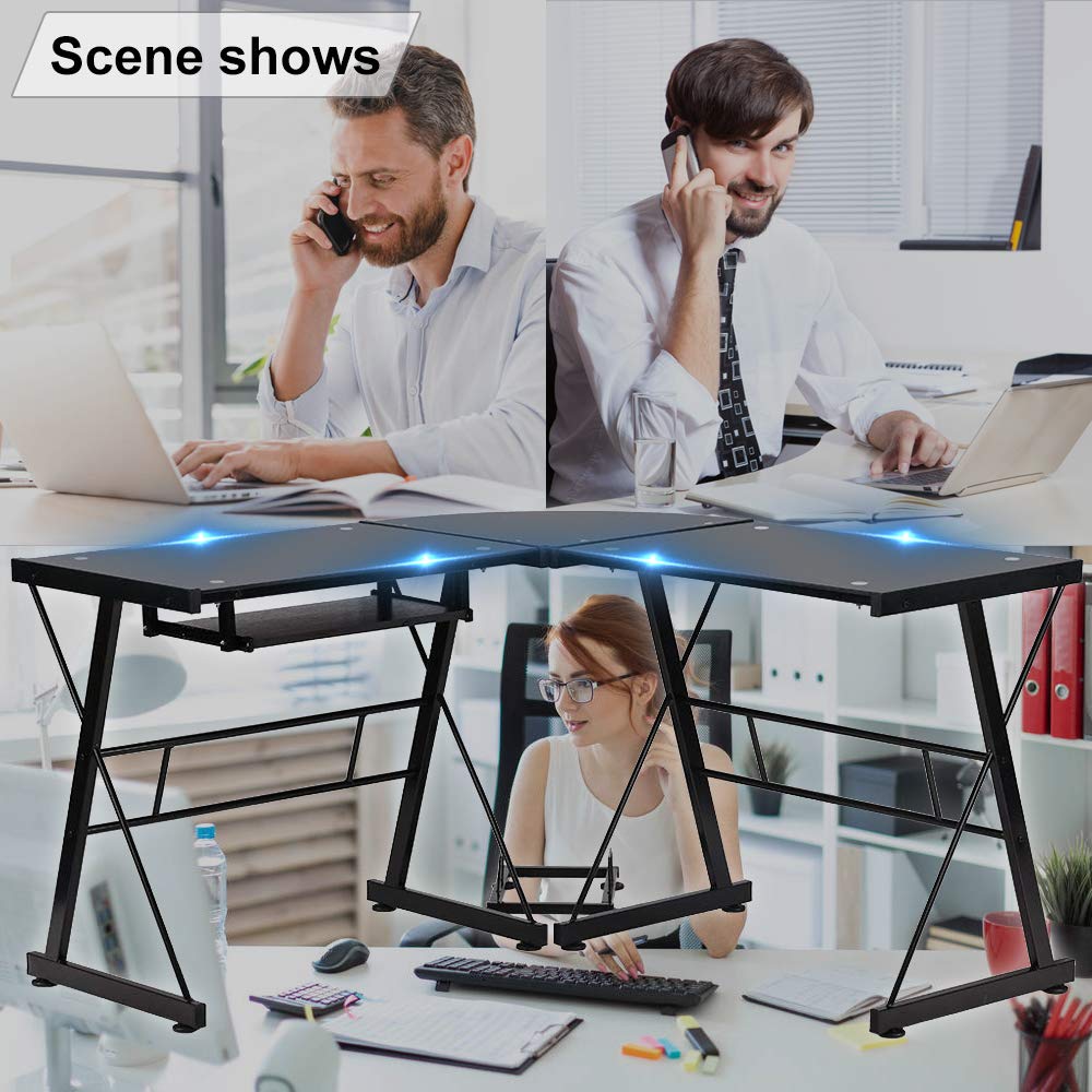 XXFBag Black L-Shaped Glass Computer Desk with Keyboard Tray & CPU Stand - 3-Piece Office Gaming Corner Workstation for Home, Study, Writing & PC Setup | Perfect for Small Spaces & Multi-Tasking