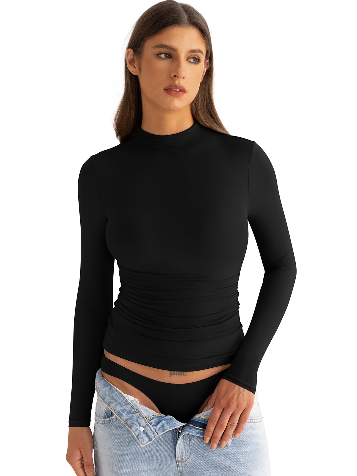 Women's Mock Neck Long Sleeve Ruched Blouse - Double Lined Fitted Turtleneck Top for Spring & Fall 2025 | Casual Office Wear, Date Night Outfit, Layering Essential
