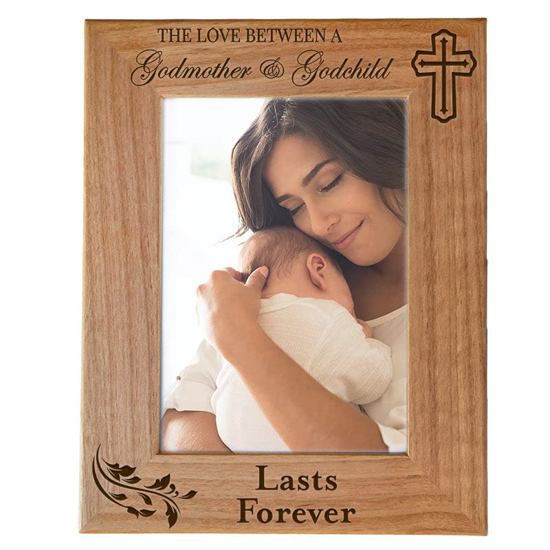 Godmother Gift from Godchild - Engraved Cross Natural Wood Picture Frame for 5x7 Vertical Portrait | Baptism, Religious Catholic & Thank You Gifts | Perfect for Christenings, Mother's Day & Special Occasions
