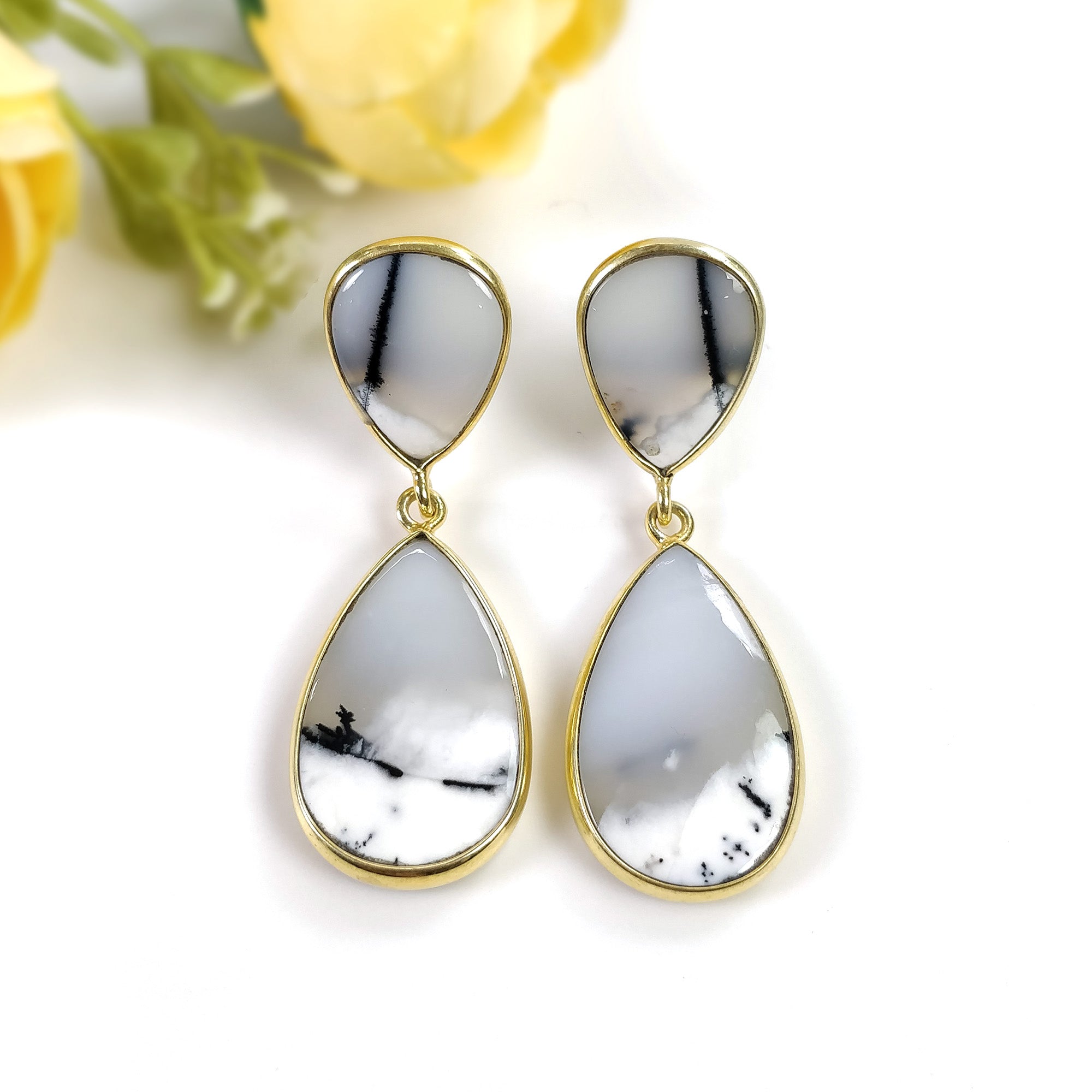 Botswana Agate Gemstone Earrings - 10.65g Natural 925 Sterling Silver Gold Plated Drop Dangle Earrings for Women | Perfect for Weddings, Parties & Special Occasions