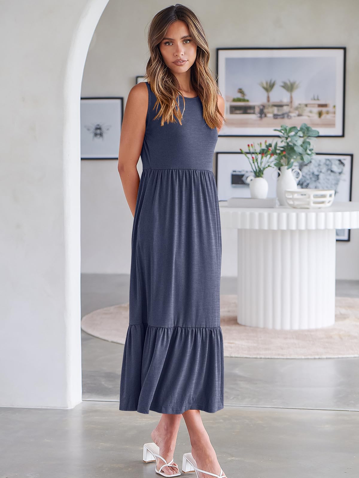 ANRABESS Women's Summer Sleeveless Crewneck Sundress - Flowy A-Line Tiered Maxi Beach Dress for Vacation, Casual Wear, and Outdoor Activities