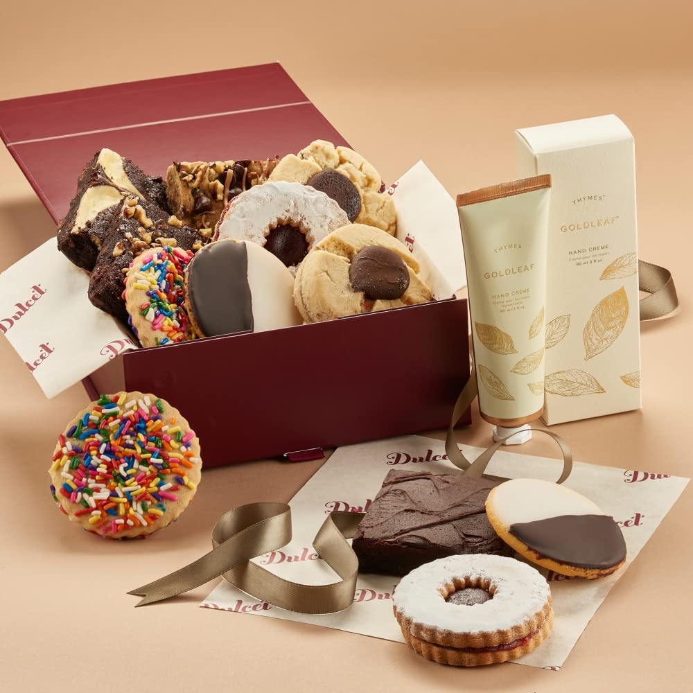 Luxury Gourmet Bakery Gift Box - Handmade Freshly Baked Brownies & Cookies with Gold Leaf Hand Cream - Elegant Maroon Packaging - Perfect for Holidays, Corporate Gifts & Special Occasions