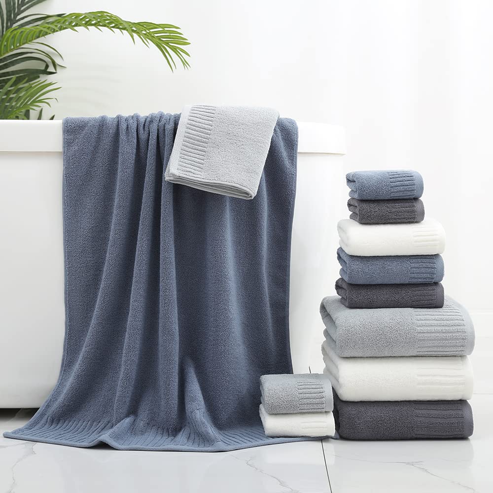 YiLUOMO Blue Bath Towel Set - 100% Cotton, Ultra Soft & Highly Absorbent (3-Piece) | Luxury Spa, Beach & Home Bath Essentials