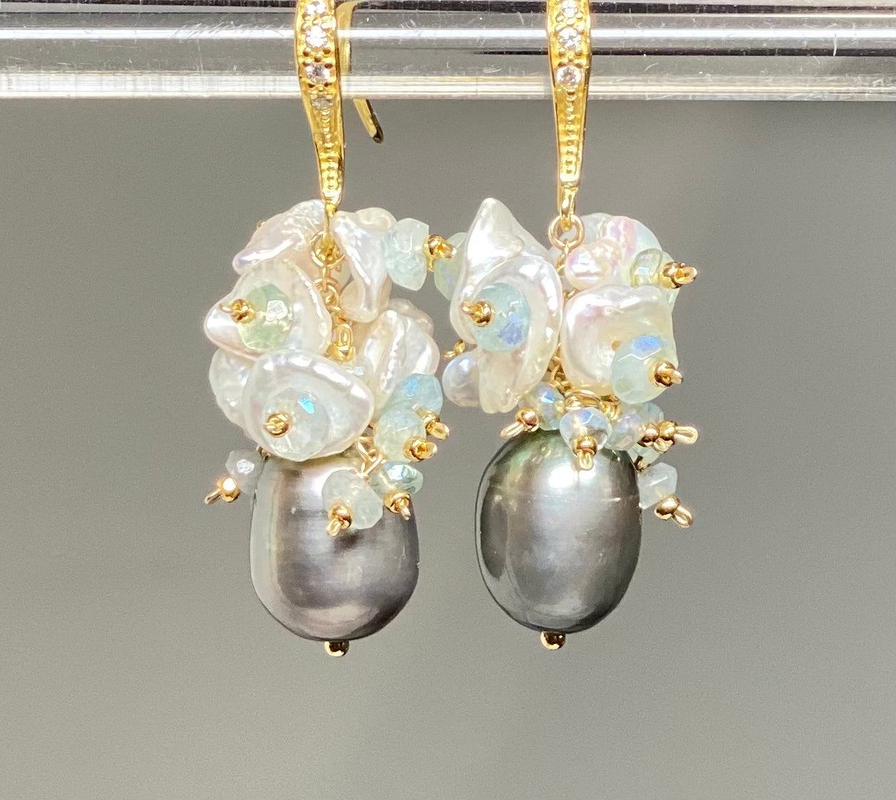 Silver Gray Pearl & Keishi Pearl Cluster Earrings with Aquamarine Gemstone | Elegant Dangle Earrings for Women | Perfect for Weddings, Parties & Special Occasions