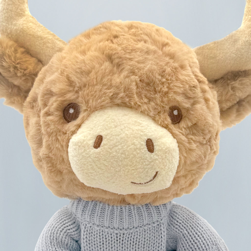 Personalized Harriet Highland Cow Welcome Baby Gift Basket - Blue | Newborn Baby Shower Gift, Nursery Decor, Unique Baby Present for Boys & Girls