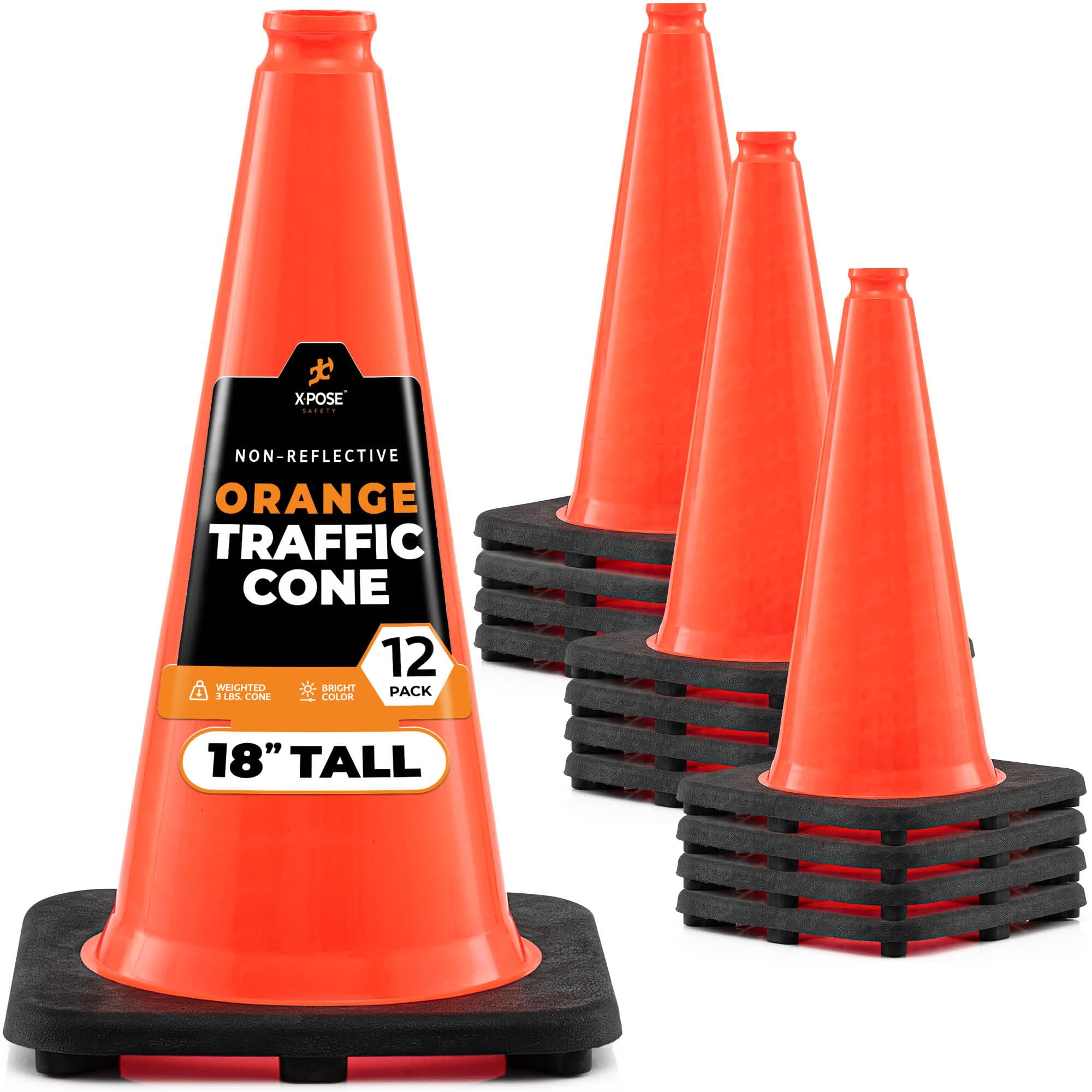 18 Inch Orange Traffic Cones (12-Pack) - Heavy Duty PVC Safety Cones for Parking, Construction, Sports & Road Safety - MUTCD Compliant - Ideal for Soccer Fields, Kids Play Areas & Hazard Zones - Xpose Safety