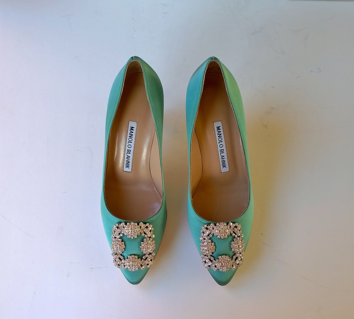 Manolo Blahnik Hangisi 70mm Mint Green Satin Pumps - Luxury Women's High Heels for Weddings, Parties & Special Occasions