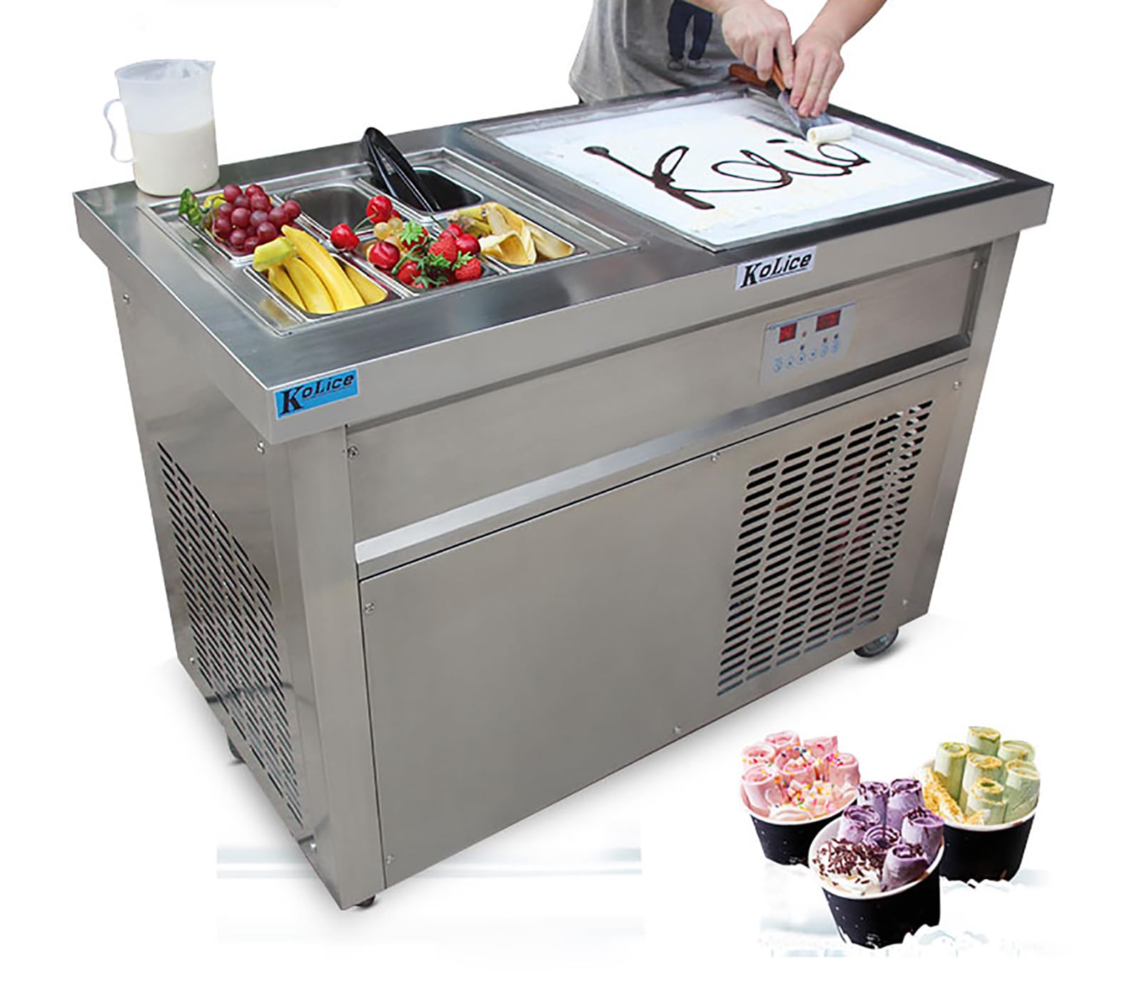 Kolice Commercial Single Square Pan Ice Cream Maker with 6 Refrigerated Buckets - Automatic Defrost & Sneeze Guard for Rolled Ice Cream & Instant Fried Desserts - Perfect for Ice Cream Shops, Cafes & Dessert Businesses