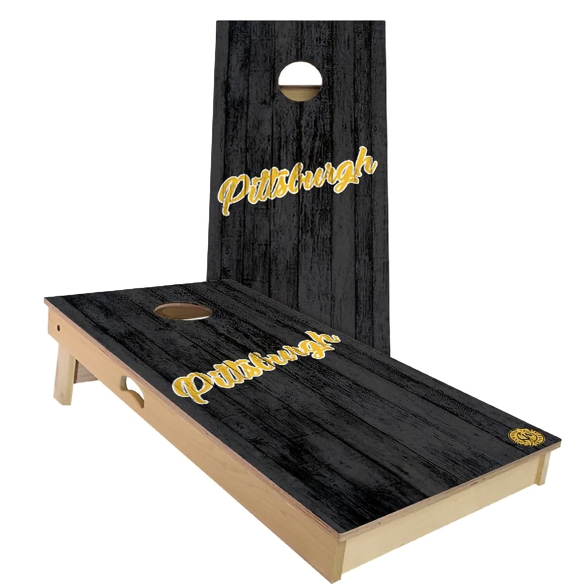 **Vintage Pittsburgh City Themed Cornhole Game Set - 2 Wooden Boards & 8 Bags - Outdoor Lawn Games for Parties, BBQs, Tailgating, and Backyard Fun**